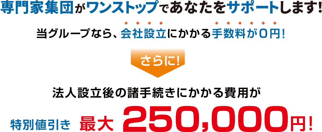 法人設立後の諸手続きにかかる手数料が0円!特別値引き 最大250,000円