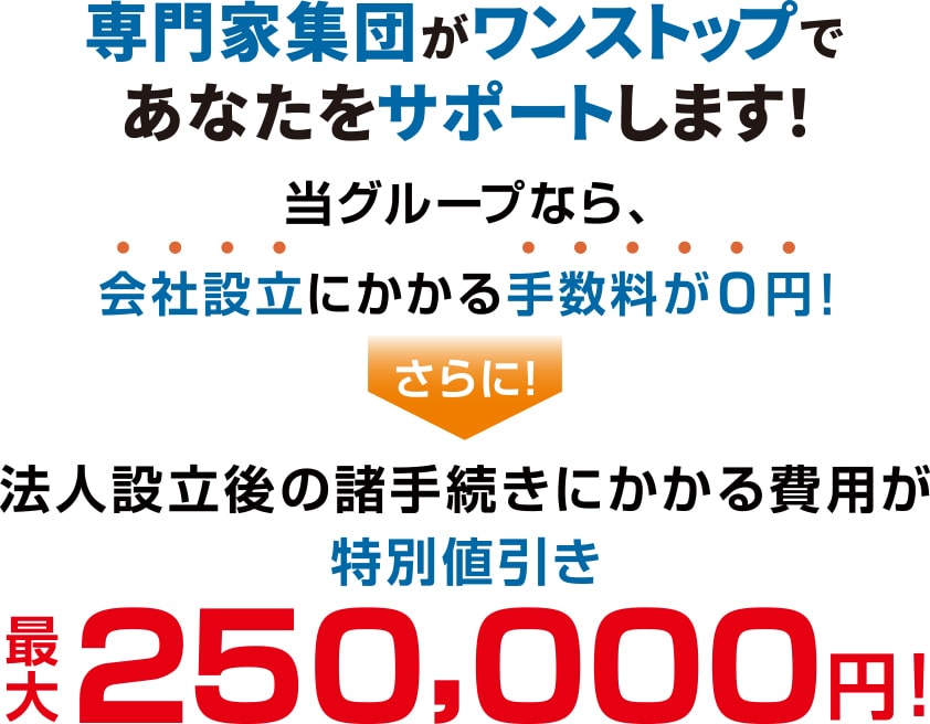法人設立後の諸手続きにかかる手数料が0円!特別値引き 最大250,000円